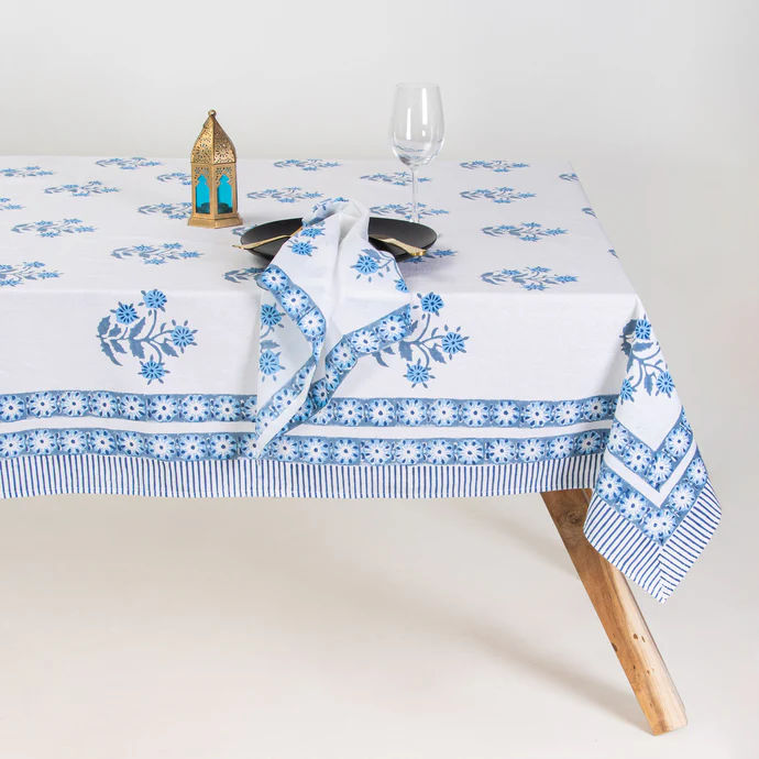 Traditional Sky Blue Boota Floral Block Print Cotton Dining Table Cover